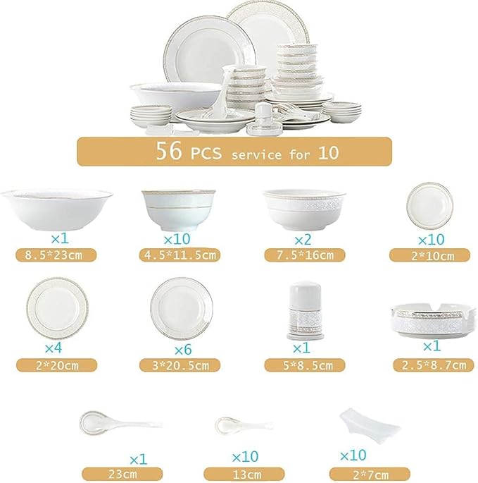 White Round Porcelain Dinnerware Set, Dishes/Plate/Bowl Set, Fine Bone China Dinnerware Sets Clearance, Collection Ceramic Kitchen and Dining Sets for Home,B56 Pcs Servic-B56 Pcs Service for 10