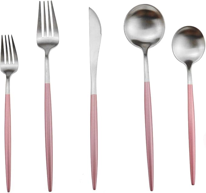 Gugrida Luxury Flatware, Royal 5 Piece Matte Pink Handle 18/10 Stainless Steel Tableware Sets for 1 Including Forks Spoons Knives, Camping Silverware Travel Utensils Set Cutlery (Pink Silver)
