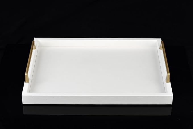 MCBZ Home Decor Rectangular Decorative Tray, Wooden Leather Serving Tray with Gold Hardware Carrying Handles, Suitable for Party Birthday Wedding Family All Occasions 16.5 * 12.6"(Creamy White)