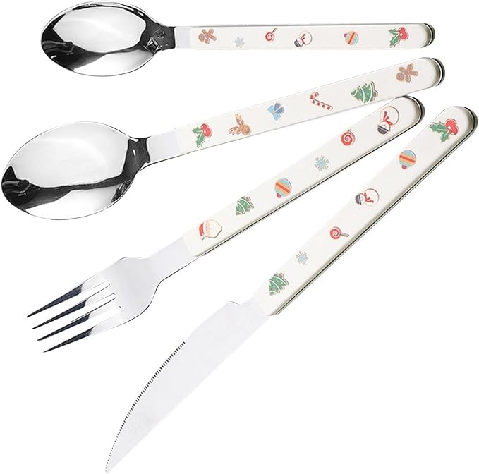 Christmas Flatware Kitchen Utensil Reusable Food Serving Utensils Stainless Steel Flatware Xmas Cutlery for Kitchen Christmas, Fork Knife Spoon Set
