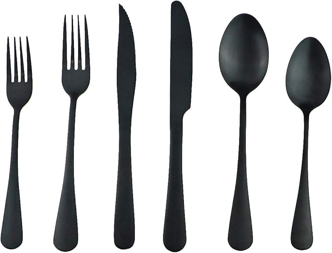 Gugrida 24-Piece Titanium Black Plated Stainless Steel Flatware Set, Travel Cutlery Include Knife Fork Spoon Service for 4,Healthy & Eco-Friendly Silverware - Matte Elegant Modern Eating Utensils