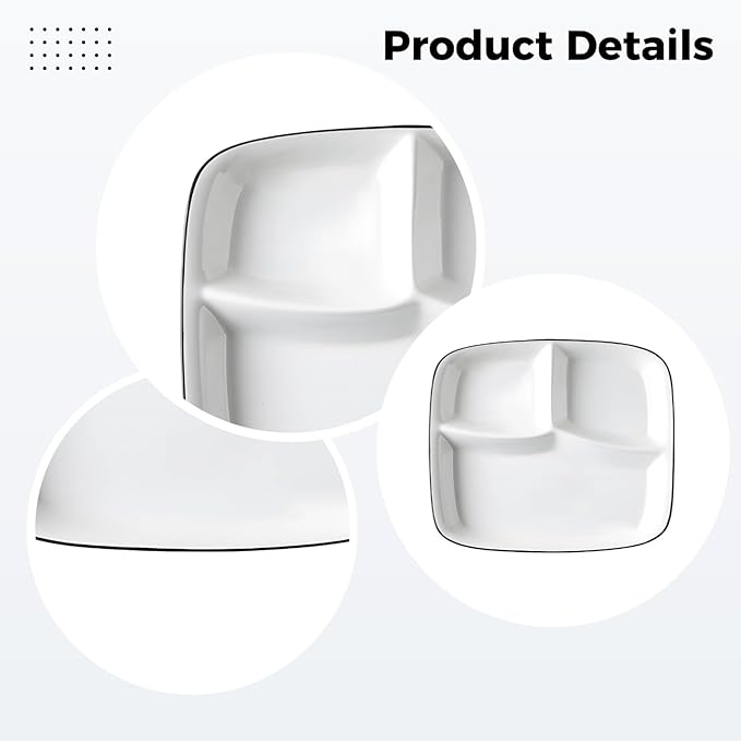 Portion Control Plate Set, 2 Pcs, White Ceramic With Black, 8.1 In & 10.7 In, Sectioned Diet Dishes