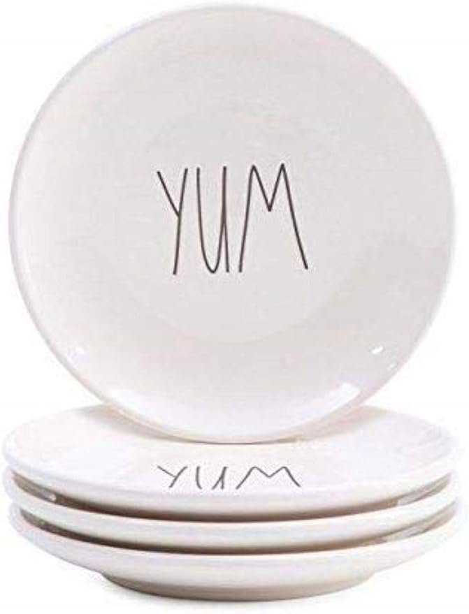 Rae Dunn by Magenta Ceramic Salad Appetizer Dessert 8 inch Small Plates"YUM" in large letters- Set of 4 Plates