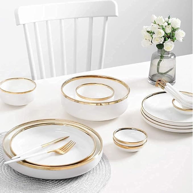 Dinnerware Sets - Luxury Gift Dishes Service Set, Dinnerware Sets Service for 2/4/6, Kitchen Plates and Bowls Sets White, Luxury Bone China Tableware, Nordic Gold Porcelain Dish Set(18Pcs)