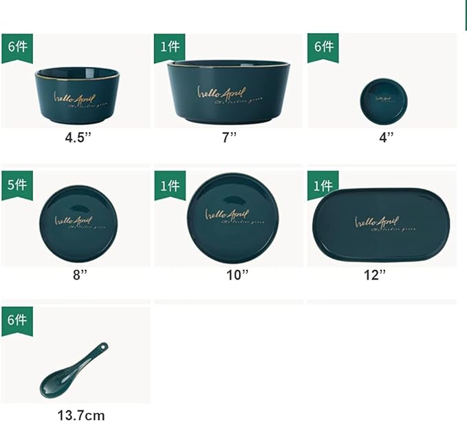 Nordic Dark Green Dinnerware Set Creative European Ceramic Tableware with Bowl Plate Service for 6,Green white-26pcs