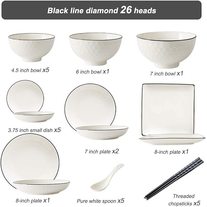 60 Pieces White Dinnerware Set Dishes - Dinner Plates and Bowls Sets Service for 12, Luxury Ceramic Dishes Set, Nordic Style Black Line Diamond Pattern, for Family Friend (White 26 Pcs)