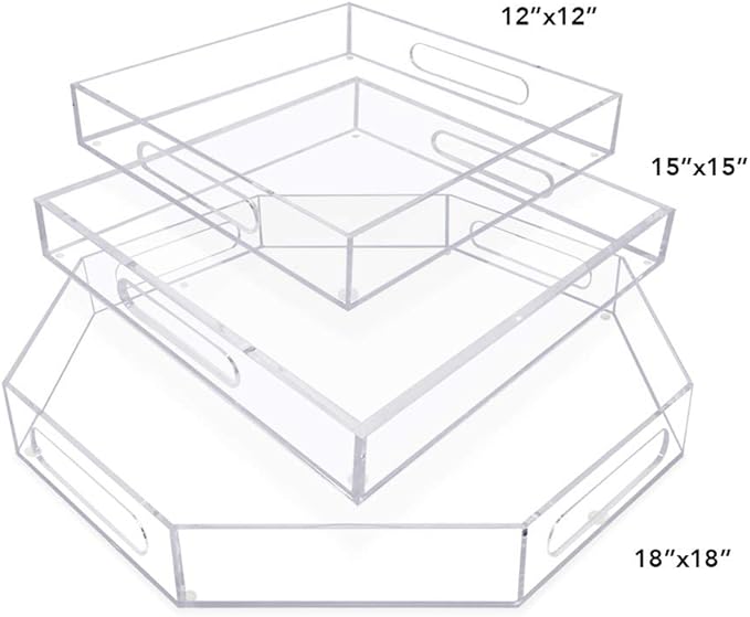 Isaac Jacobs Clear Acrylic Serving Tray (12x12) with Cutout Handles, Spill-Proof, Stackable Organizer, Space-Saver, Food & Drinks Server, Indoors/Outdoors, Lucite Storage Décor & More