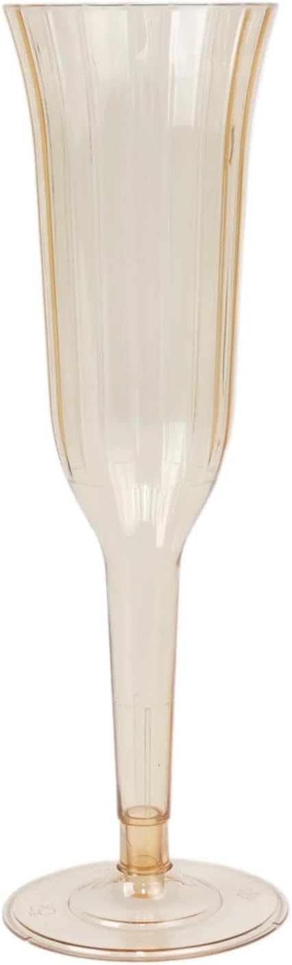 TCF Linen 12 Pack Amber Gold Plastic Champagne Flutes, 6oz Flared Disposable Glasses Elegant Reusable Look Shatterproof Stemware for Weddings Parties Catering Toasts