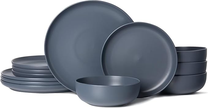 12-Piece Stoneware Dinnerware Set with Mugs | Microwave and Dishwasher Friendly | Stackable Matte Glaze Plates & Bowls | Service for 3 (Blue for 4)