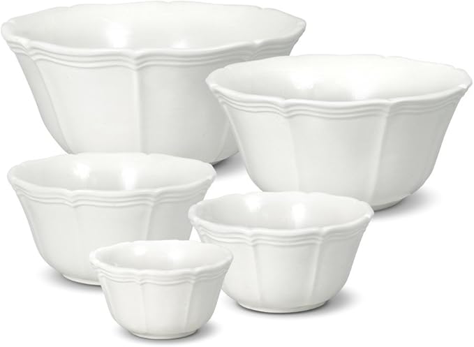 Mikasa French Countryside 65-Piece 18/10 Stainless Steel Flatware Serving Utensil Set, Service for 12 and Mikasa French Countryside Stackable Bowls, Set of 5, White