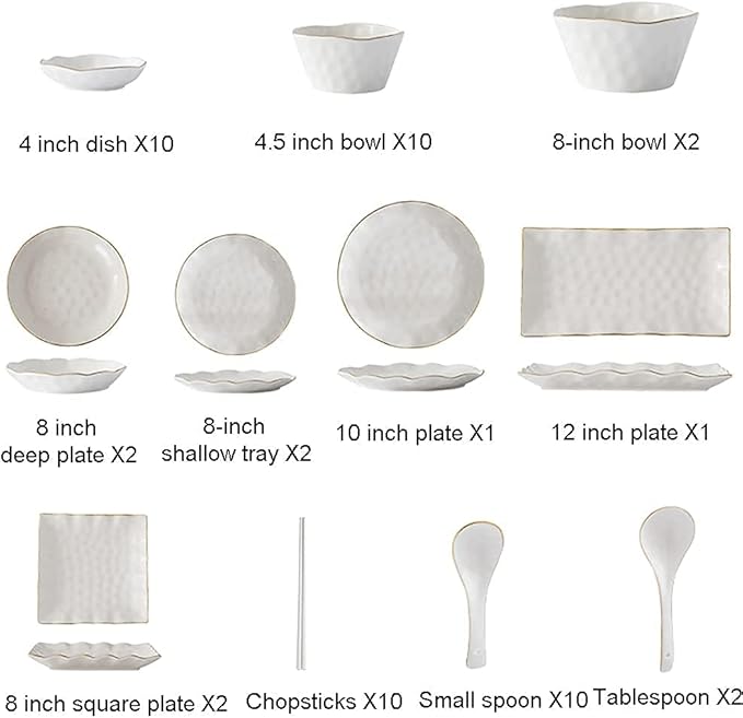 Classic 52 Pcs Dinnerware Sets, Nordic Style Bone Porcelain Tableware Set with Plates Dish and Bowls, Green White Ceramic Dinner Set with Gold Rim for Home Kitchen,