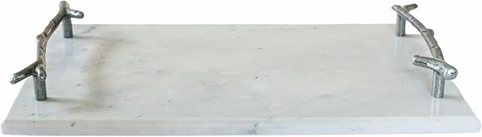 Creative Gifts Rectangle Block 12 Inch White Marble and Silver Branch Handles Charcuterie Platter Chopping Cutting Board Serving Tray