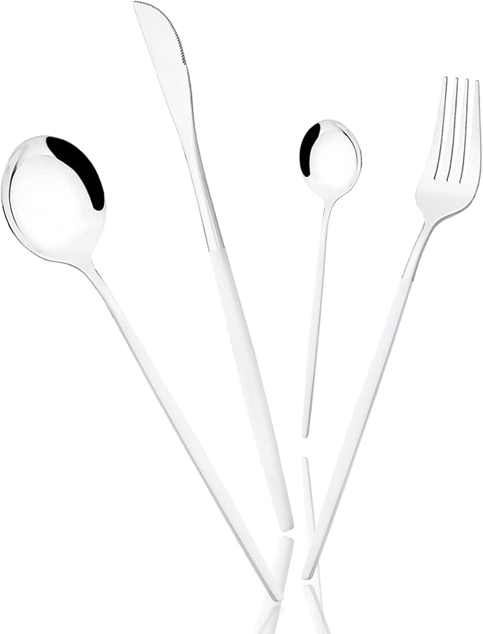 32 pcs Splicing Color handle Cutlery Set, Mirror Silver 18/0 Stainless Steel Flatware Set For 8, Metal Tableware Kitchen Utensils Include Dinner Knife/Fork/Spoon/Teaspoon, White Silver