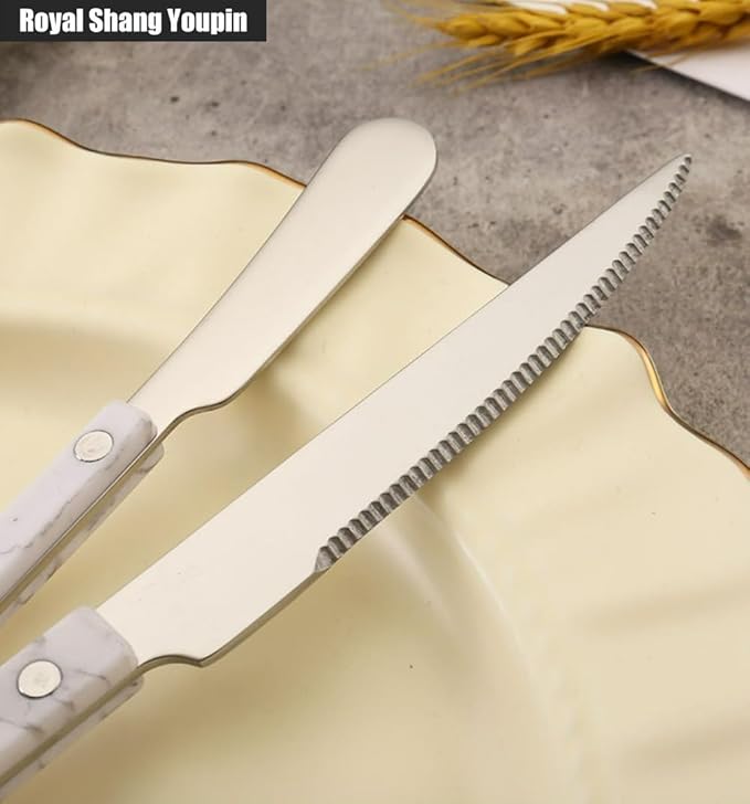 ABS Rivet Handle Marble Pattern Handle Kitchen Stainless Steel Silverware Tableware Flatware Cutlery Knives Forks Spoons Set,Butter Knife Dessert Spoon Fork (Pink,24 pieces)