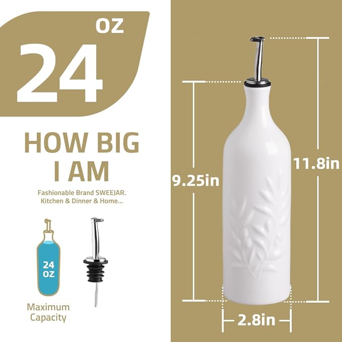 Sweejar Large Ceramic Olive Oil Dispenser Bottle, 24 Oz Relief Opaque Oil Cruet Protects Oil To Reduce Oxidation, Storage Vinegar, Soy Sauce, Coffee Syrup, Liquids, Set of 1(Light Blue)