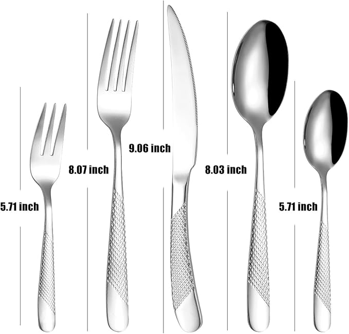 diamond hammered silverware set, 40-piece cutlery set for 8 people, Checkered Handle Stainless Steel Flatware serving set - Cutlery Set For Home Kitchen