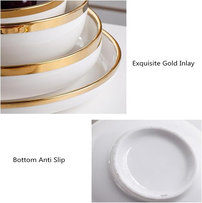 Dinnerware Set Gold Bright White Porcelain Dinner Sets Ceramic Bowl Dish Plates Set Porcelain Dinnerware for Household Hotel Ceramic Plates and Bowls Sets