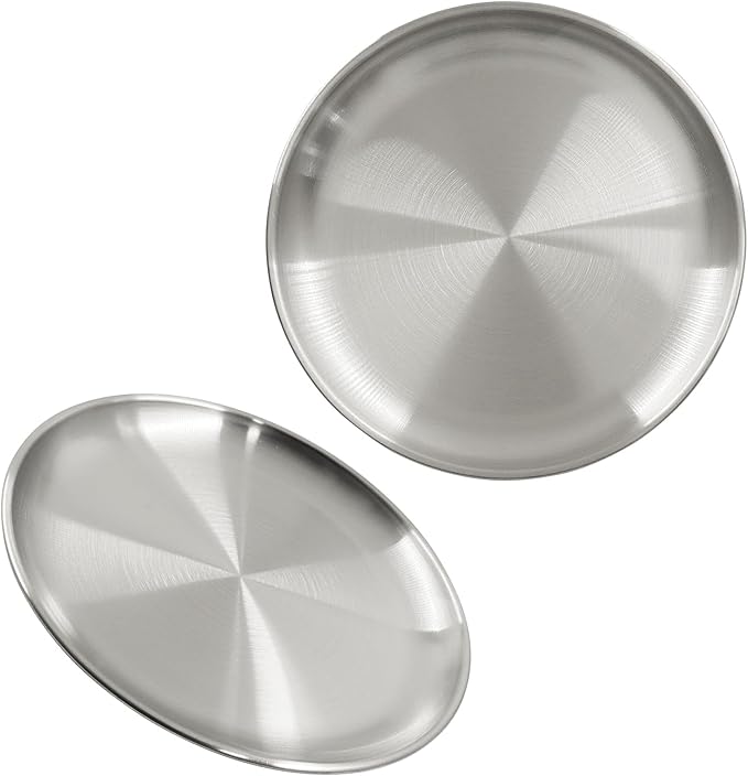 Piutouyar 2 Pcs 20 cm / 7.87 Inch Round Serving Tray, Stainless Steel Circular Metal Platter, Decorative Tray Silver Dinner Dishes for Kitchen, Bathroom, Home