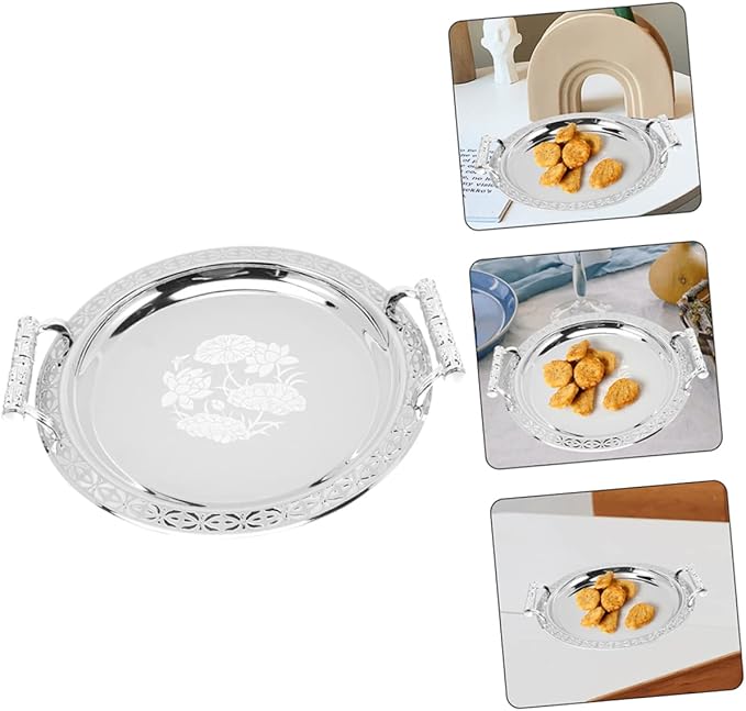 DECHOUS Floral Pattern Serving Tray Silver Snack Storage Holder for Candy Dessert Fruit Multipurpose Stainless Steel and Plastic Plate for Use