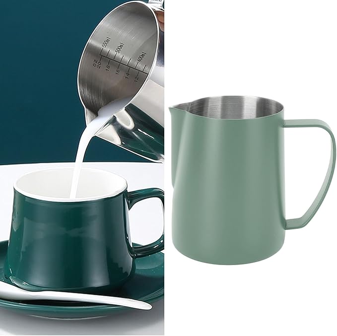 Milk Frothing Pitcher, 480ml 16oz Stainless Steel Steaming Pitcher Milk Frother Cup with Scale and Pointed Mouth for Espresso Cappuccino Latte Coffee Art, 4.4 x 3.5in (Green)