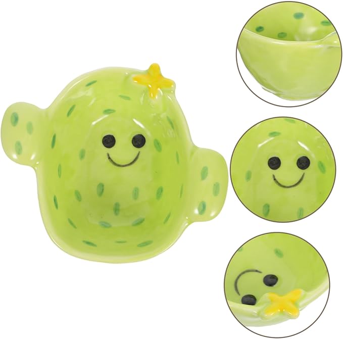 Cute Cactus Ceramic Dipping Sauce Dish Small Cartoon Plate for Appetizers Food-Grade Matte Finish for Boys and Girls and Parties