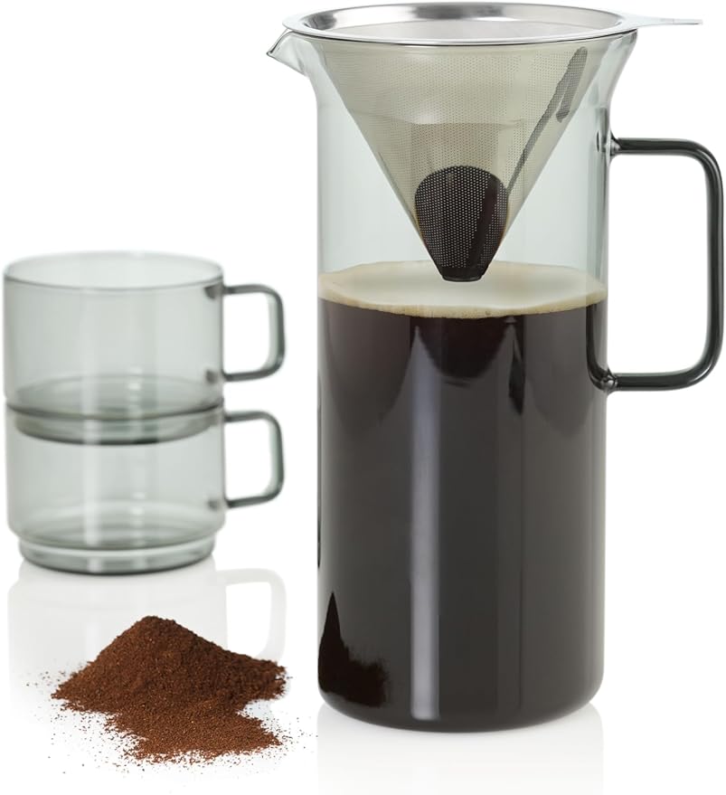 AdHoc Pour Over Coffee Maker - Manual Brewer for Ground Coffee - Reusable Stainless Steel Filter - Heat-Resistant Glass Coffee Dripper - Dishwasher Safe