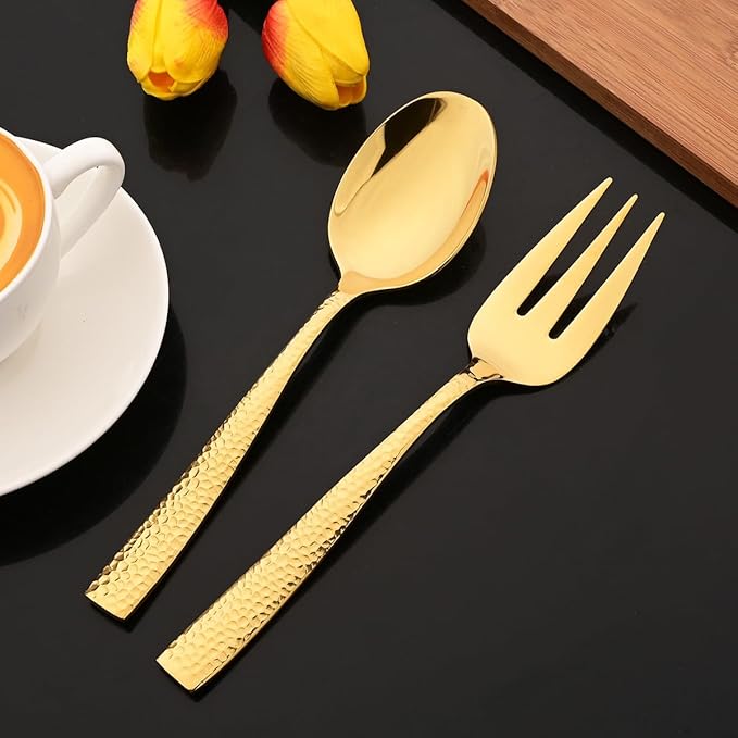 JASHII 5-Piece Gold Hammered Flatware Hostess Set Stainless Steel Serving Fork Slotted Serving Spoon Butter Knife Teaspoon Set for Buffet Party Mirror Polished Dishwasher Safe