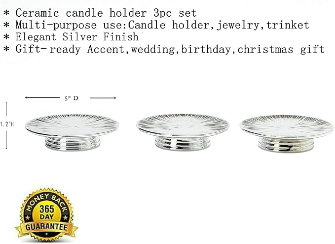 ADAVAS.Y&G Ceramic Silver Candle Plate Set, 3-Piece – Decorative Candle Holder Tray for Pillar Candles, Jewelry, Trinkets or Bathroom Counter – Elegant Silver Finish for Tabletop & Home Décor
