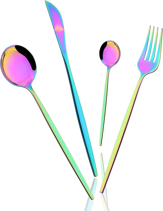 32 Piece Basic Silverware Set, 100% Stainless Steel Tableware Kitchen Silverware Ideal For Wedding/Party/Restaurant/Home, Service For 8, Mirror Stain - Rainbow