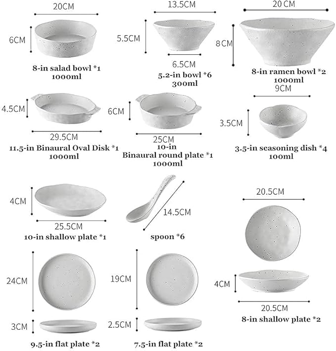 Plates Bowl Ceramic Dinnerware Set, 40 Piece Handmade Irregular Dot White Pottery Tableware Service for 6, Porcelain Dinner Dish