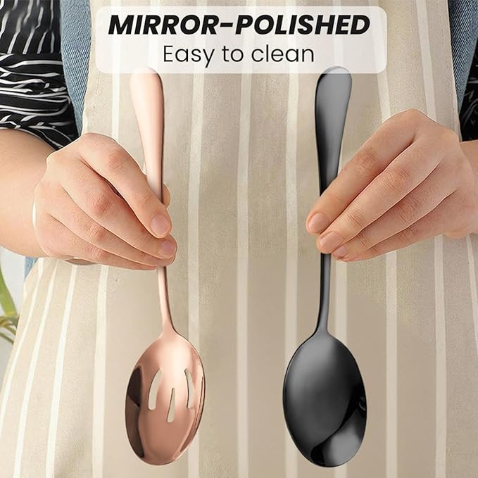 Silverware Sets, Includes 2 Serving Spoon,2 Slotted Serving Spoon, 2 Serving Fork, Stainless Steel Serving Spoons for Parties,Buffet Serving Utensils Set (Rose Gold)