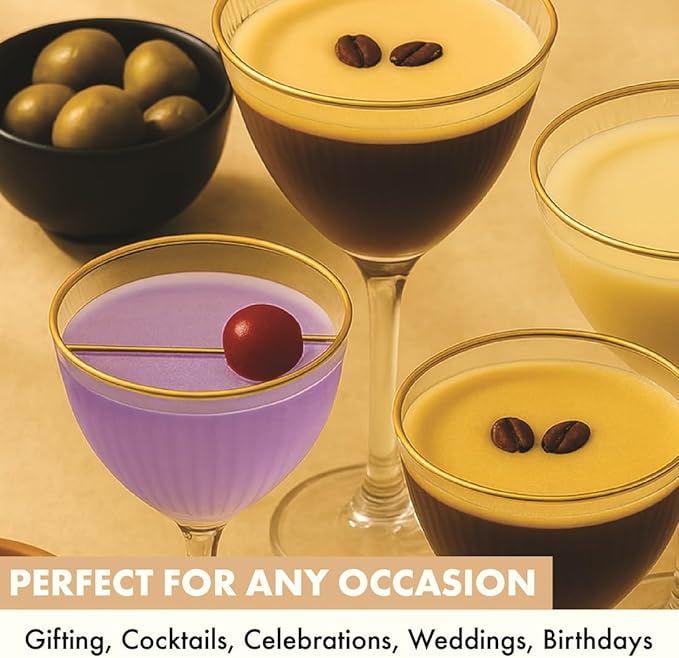 VEMACITY - Ribbed Nick and Nora Cocktail Glasses with Gold Rims (5.4oz) | Nick & Nora Glasses Set of 4, Jigger & 4 Picks - Vintage Glassware | Gimlet Cocktail Glasses | Ideal for Gifting