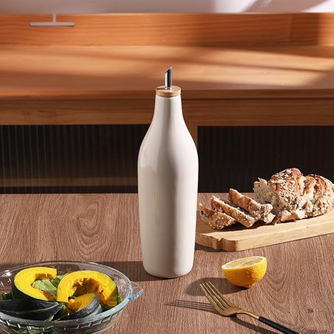 Sweejar Matte Ceramic Olive Oil Dispenser Bottle with Spout, 17 Oz Oil Dispenser for Kitchen Counter, Opaque Oil Cruet for EVOO, Vinegar, Avocado Oil Container for Cooking, Pack of 1 (Beige)