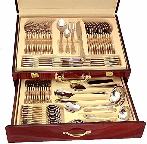 Venezia Collection "Medallion" 75-Piece Fine Flatware Set, Silverware Cutlery Dining Service for 12, Premium 18/10 Surgical Stainless Steel, 24K Gold-Plated Hostess Serving Set, Wooden Storage Case