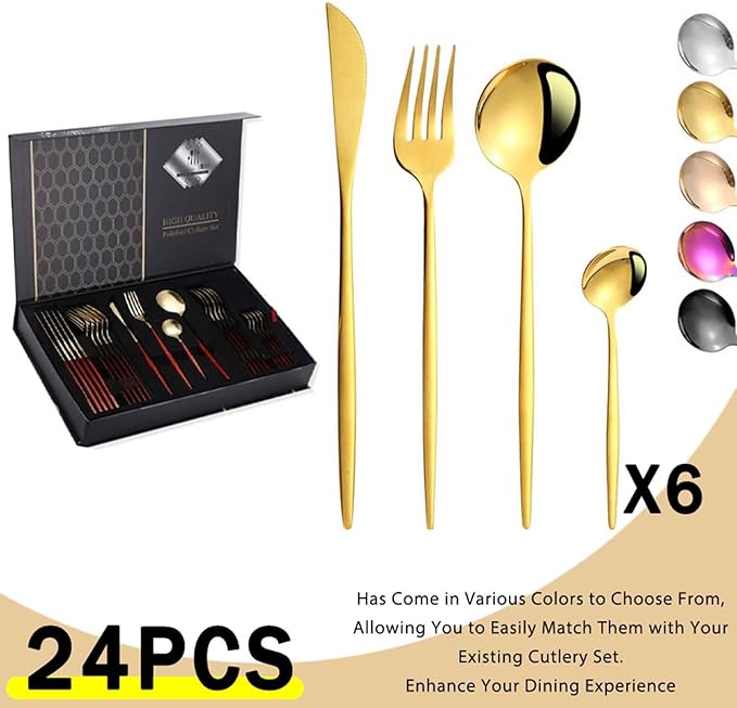Slim Handle Flatware Serving Set for 6, 24 PCS Matte Cutlery Set with Knife Fork Spoon, Dishwasher Safe/Mirror Polished for Home, Kitchen, Restaurant(Rainbow Color,B)