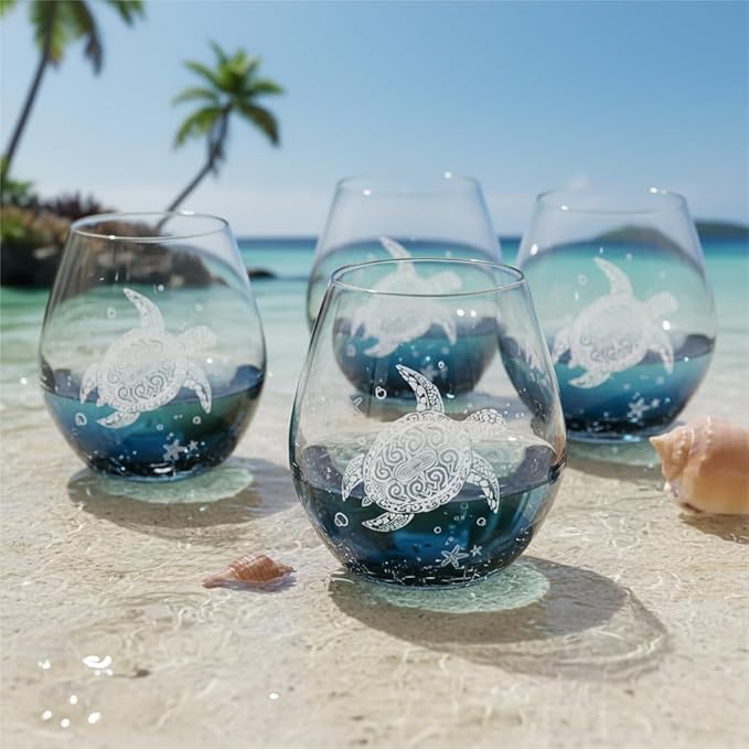 Sea Turtle Wine Glasses Set 4 - 13.3oz Crackle Teal Design, Hand blown Tortoise Wine Tumbler,Sea Turtle Gifts for Women, Birthday/Housewarming/Christmas Gifts for Turtle Lovers(4count, White)