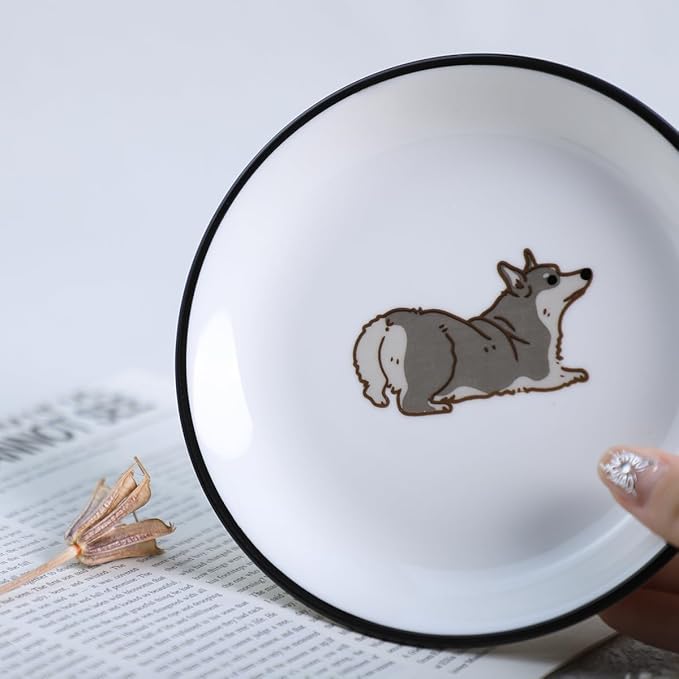 Cute Cartoon Animals Pattern Ceramic Sauce Dishes, Seasoning Dishes, Sushi Soy Dipping Bowls, Appetizer Plates, Dessert Plates, Little Cat Bird Feeding Bowls, Set of 6-Corgi-A-5 Inch