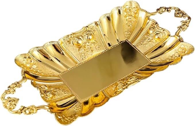 Metal Serving Tray with Handles 11.02x5.51x2.05inch European Style Mirror Fruit Plate for Candy Cupcake Dessert Bar Countertop Table Centerpiece Decor- Gold