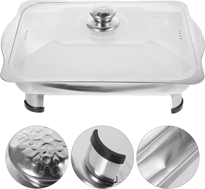 Uonlytech Stainless Steel Serving Tray with Lid 35x27x5cm 440g Rectangular Buffet Food Holder for Catering Kitchen and Party Use