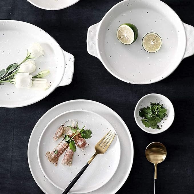 Plates Bowl Ceramic Dinnerware Set,40 Piece Handmade Irregular Dot White Pottery Tableware Service for 6,Porcelain Dinner Dish