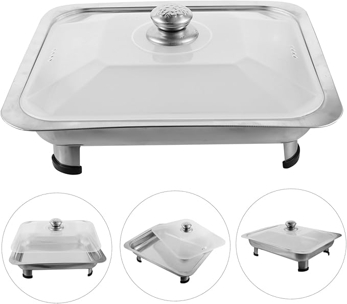 BESTOYARD Stainless Steel Buffet Serving Tray with Lid Long Rectangular Food Holder for Catering Four-Legged Metal Tray for Parties and Gatherings