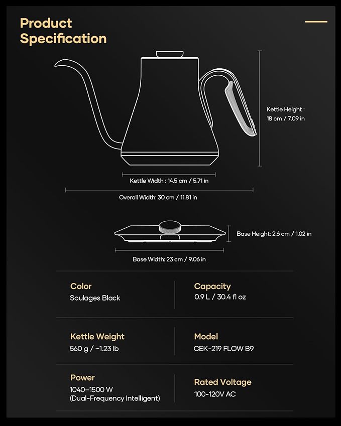 Cocinare FLOW B9 Gooseneck Electric Kettle, Precise Temperature Control for Pour-Over Coffee & Tea Brewing, Stainless Steel Interior, Rapid Heating for Boiling Water 0.9L (Gustav Gold)