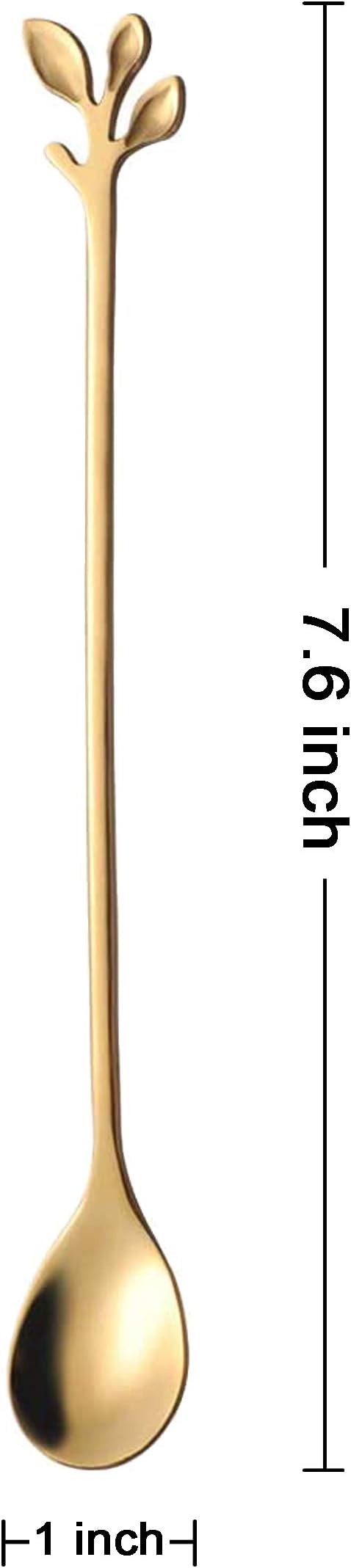 Long Handle Iced Tea Spoons Set of 6, Comicfs 7.6" Ice Cream Spoon, Creative Gold Leaf Cocktail Stirring Spoons, Premium Food Grade Stainless Steel, Mirror Finish & Dishwasher Safe (6 Pcs, Gold)