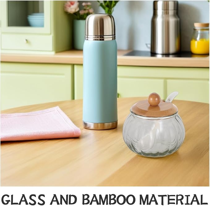 LIFKOME Clear Glass Sugar Bowl With Wooden Lid and Spoon Pumpkin Shaped Clear Glass Candy Jar Glass Sugar Storage Dispenser Container Seasoning Box Salt Bowl for Home Kitchen