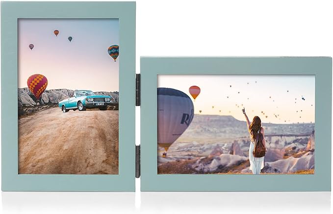 4x6 Double Hinged Picture Frame Folding Photo Frame Vertical and Horizontal in Teal Blue Pine Wood with Real Glass for Tabletop P-LAN-SH46