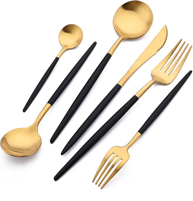 24-piece Snplowum Matte Gold Tableware, 18/10 Stainless Steel Utensils Heavy Serving Set With Black Handle For Dinner & Dessert Home Restaurant Flatware Set, Service For 4 (Black Gold)