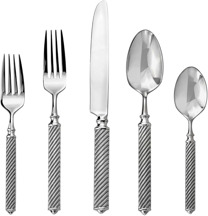 Ricci Argentieri Torsade Flatware Set, 8 Dinner Fork Dinner Knife Dinner Spoon Salad Fork Teaspoon Plus 1 Each Serving Spoon Serving Fork Slotted Serving Spoon Butter Knife Sugar Spoon, 45 Piece