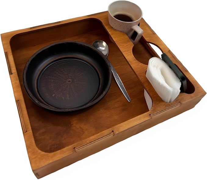 Wooden Serving Tray with Cup Holder - Coffee Table Rustic Cookie Caddy β Drink Tray - Couch Organizer - Ottoman Stand Caddy for Food - Snack Holder for Movie and Game Nights