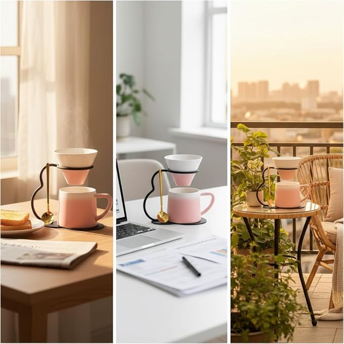 Pour Over Coffee Maker set,Ceramic Coffee Maker With V60 40 pcs Paper Filter,Metal Stand 9oz 270ml mug Pour Over Coffee Dripper Pink