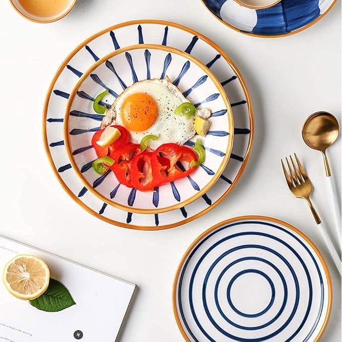Porcelain Dinnerware Set, 28 Pieces Japanese Style Ceramics Dinner Sets | Plate/Bowl - Tableware Combination Set for Restaurant,Blue,White,White